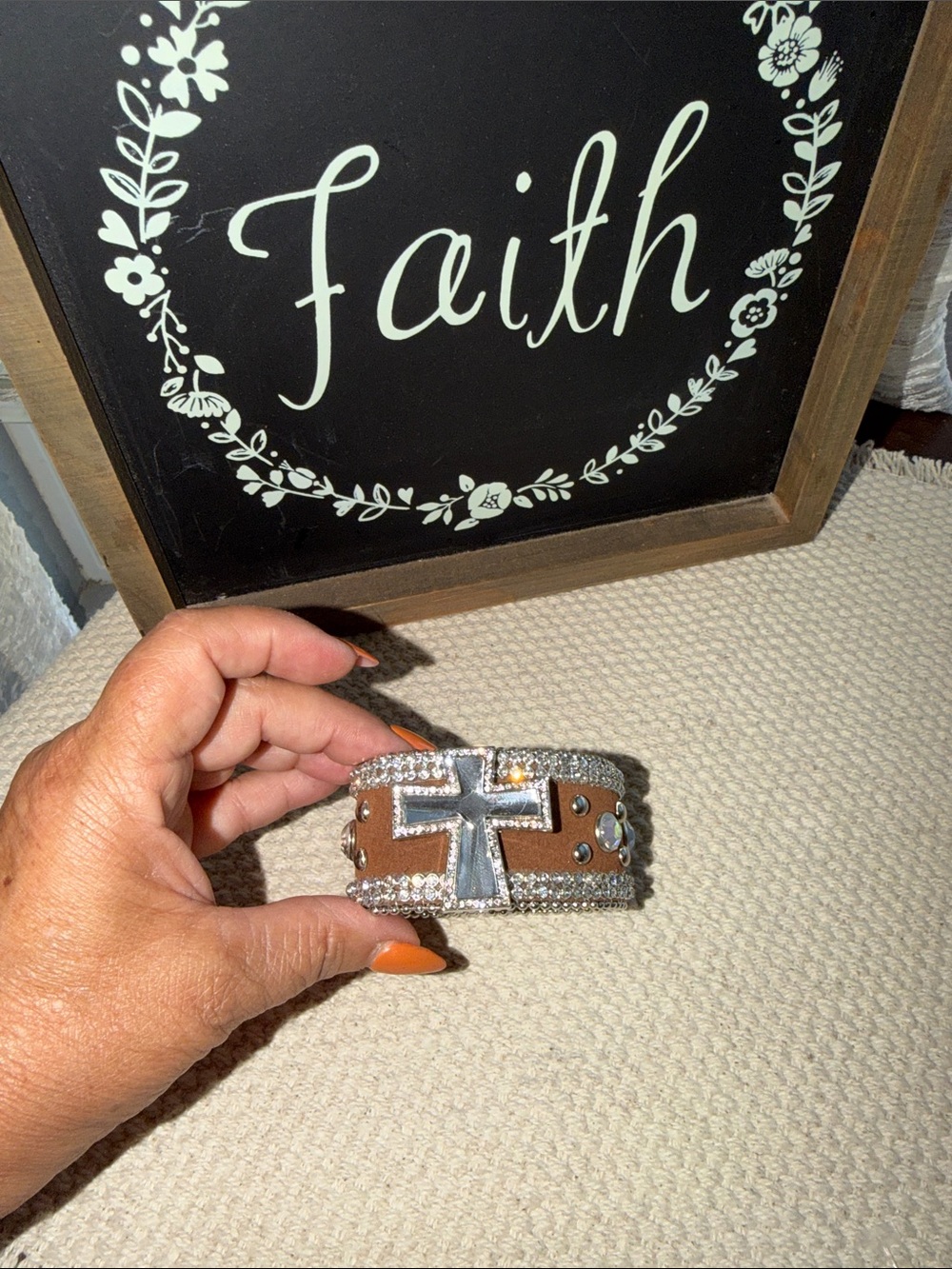Rhinestone Cross Brown Leather Bracelet